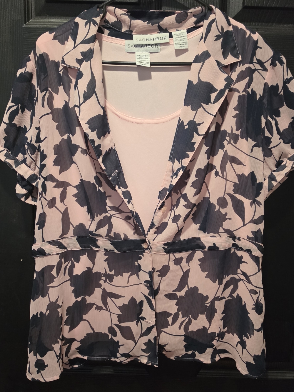 Sag Harbor Pink Floral Short-Sleeve Blouse with Navy Print